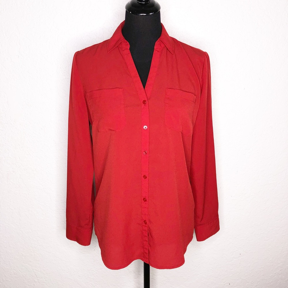 Talbots Red Roll Tab Sleeve Button Down Shirt Women Medium Pockets Point Collar